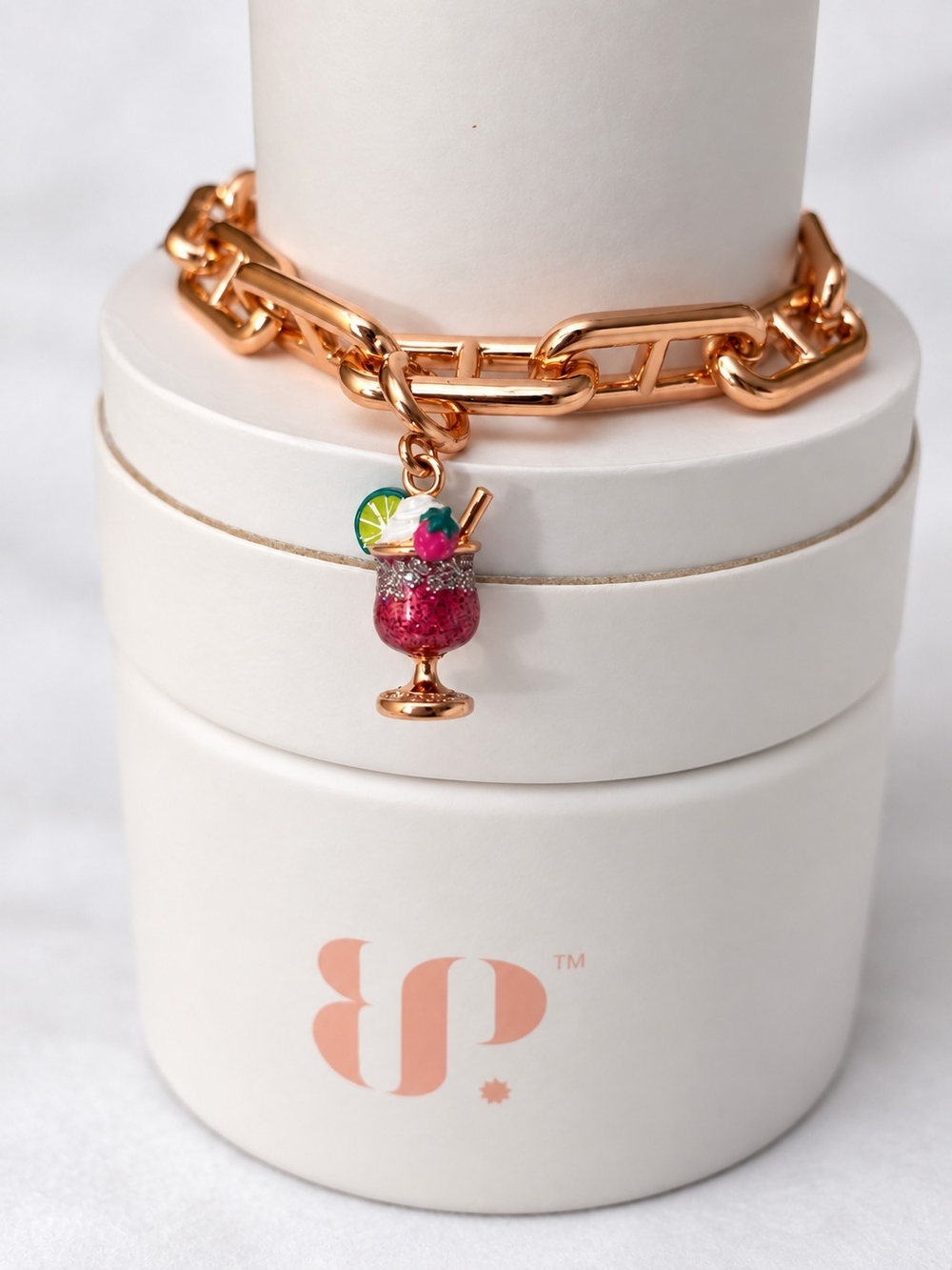 Gold-Tone Chain Bracelet with Pink Drink Charm